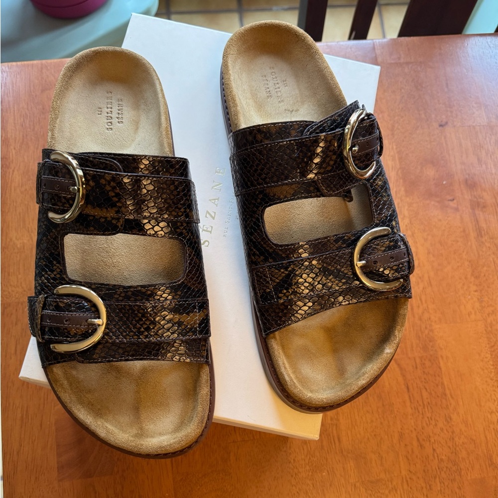 Sezane Olive Green Python Snake Print Sandals- Wo… - image 2